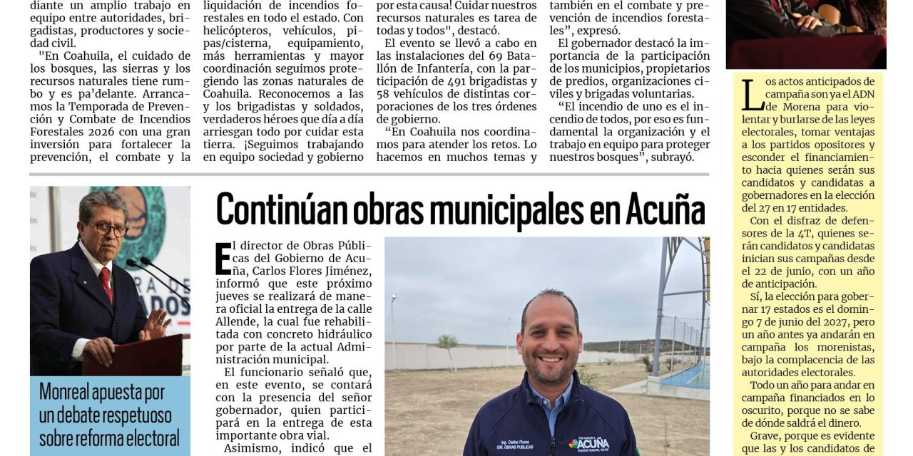 Portada RCG Fronteriza [10 de marzo de 2026] Inicia operativo para prevención y combate a incendios forestales; continúan obras municipales en Ciudad Acuña y más…