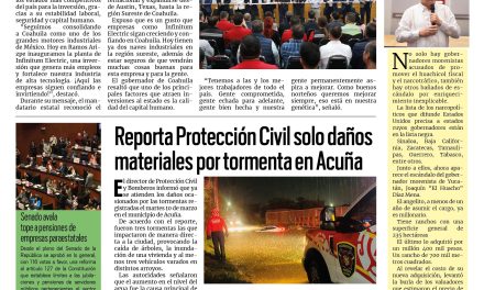 Portada RCG Fronteriza [12 de marzo de 2026] Continúa la llegada de empresas a Coahuila; solo daños materiales por tormenta en Acuña y más…