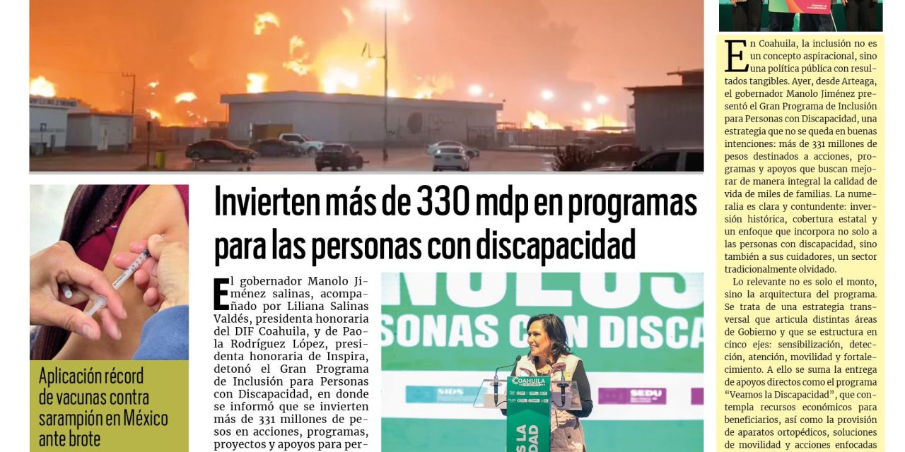 Portada RCG Fronteriza [18 de marzo de 2026] Explosión en Dos Bocas dejó a cinco personas sin vida; invierten más de 330 mdp en programas para personas con discapacidad y más…