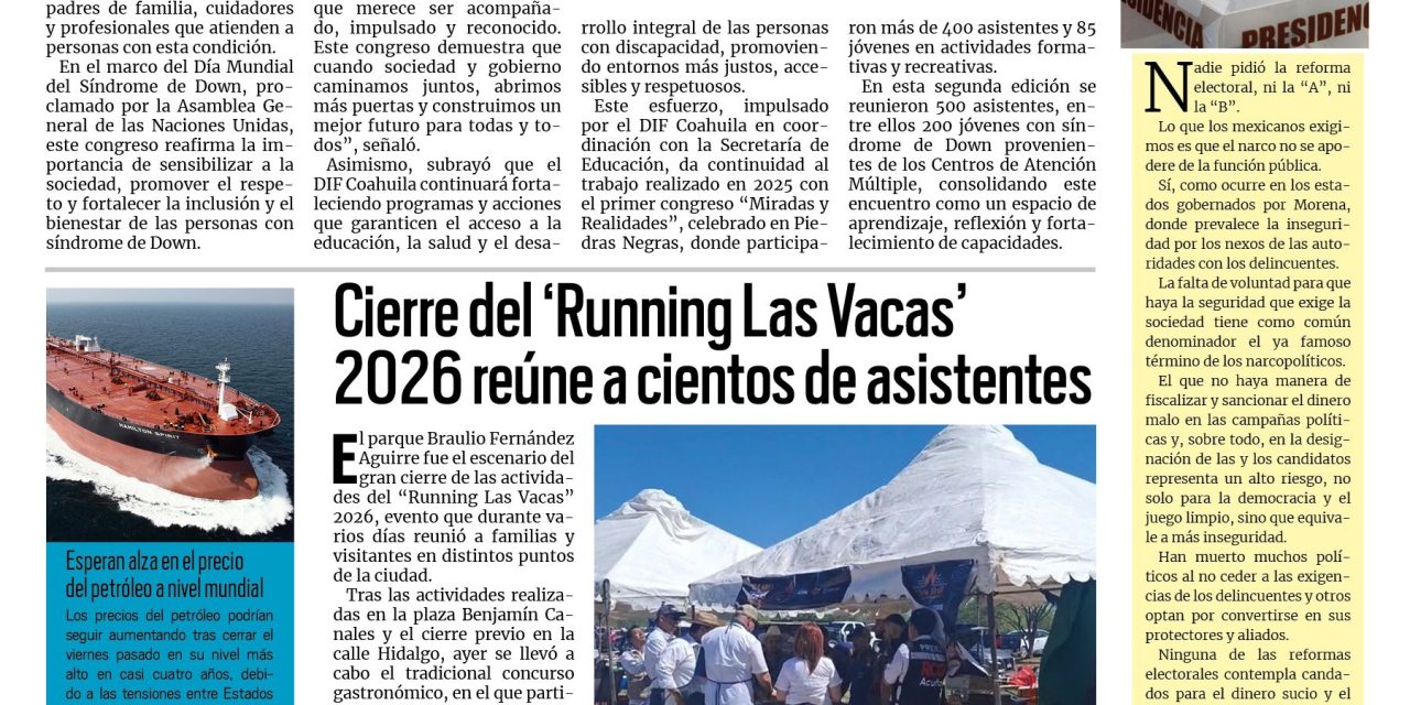 Portada RCG Fronteriza [23 de marzo de 2026] DIF Coahuila impulsa más oportunidades para la inclusión; Cierre del ‘Running Las Vacas’ 2026 reúne a cientos de asistentes y más…