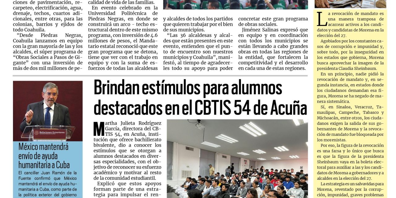Portada RCG Fronteriza [24 de marzo de 2026] Coahuila invierte más de dos mmdp en obras sociales; brindan estímulos para alumnos destacados en el CBTIS 54 y más…