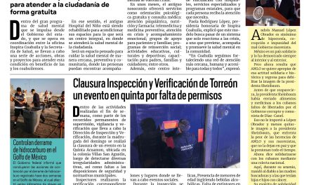 Portada RCG Lagunera [17 de marzo de 2026] Antiguo Hospital del Niño será un centro integral para atender la salud mental; clausura Inspección y Verificación evento en quinta por falta de permisos y más…