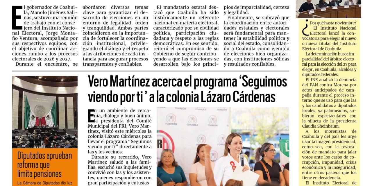 Portada RCG Lagunera [26 de marzo de 2026] Garantizan elecciones en paz para Coahuila con coordinación institucional; Vero Martínez acerca ‘Seguimos viendo por ti’ a la Lázaro Cárdenas y más…