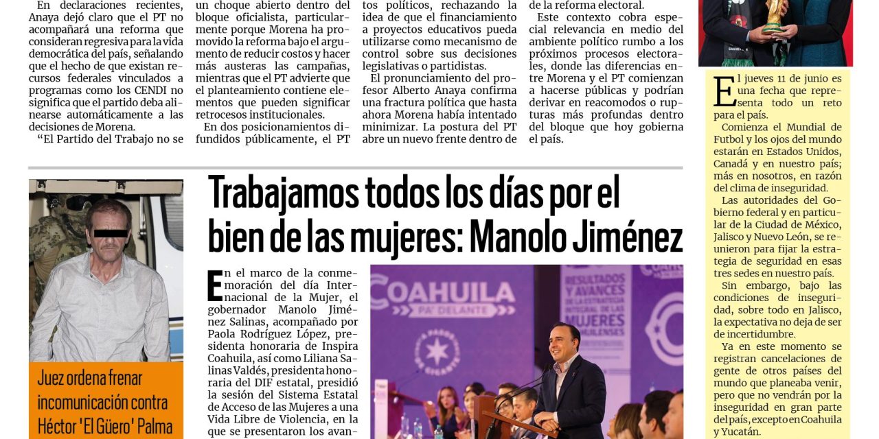 Portada RCG Media [5 de marzo de 2026] Rompe PT con Morena por reforma electoral; trabajamos todos los días por el bien de las mujeres: Manolo y más…
