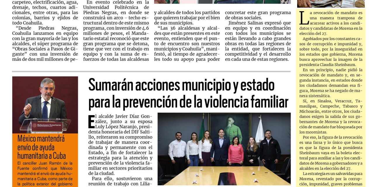 Portada RCG Media [24 de marzo de 2026] Coahuila invierte más de dos mmdp en obras sociales; sumarán acciones municipio y estado para la prevención de la violencia familiar y más…