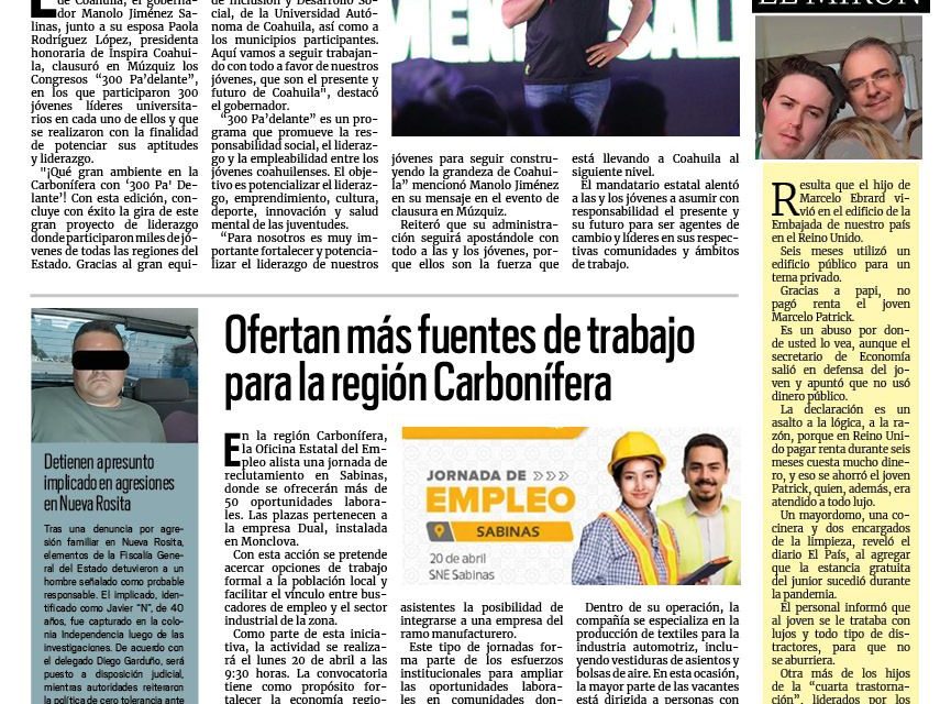 Portada RCG Carbonífera [18 de abril de 2026] Concluye con éxito el programa de liderazgo juvenil ‘300 Pa´delante’; ofertan más fuentes de trabajo para la región Carbonífera y más noticias…