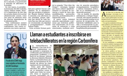 Portada RCG Carbonífera [20 de abril de 2026] DIF Coahuila entrega infraestructura para atender y prevenir adicciones; llaman a inscribirse en telebachilleratos en la región Carbonífera y más…