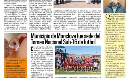 Portada RCG Centro [1  de abril de 2026] ‘Marzo concretó un mes con mucho trabajo para Coahuila’; Monclova fue sede del Torneo Nacional Sub-16 de fútbol y más…