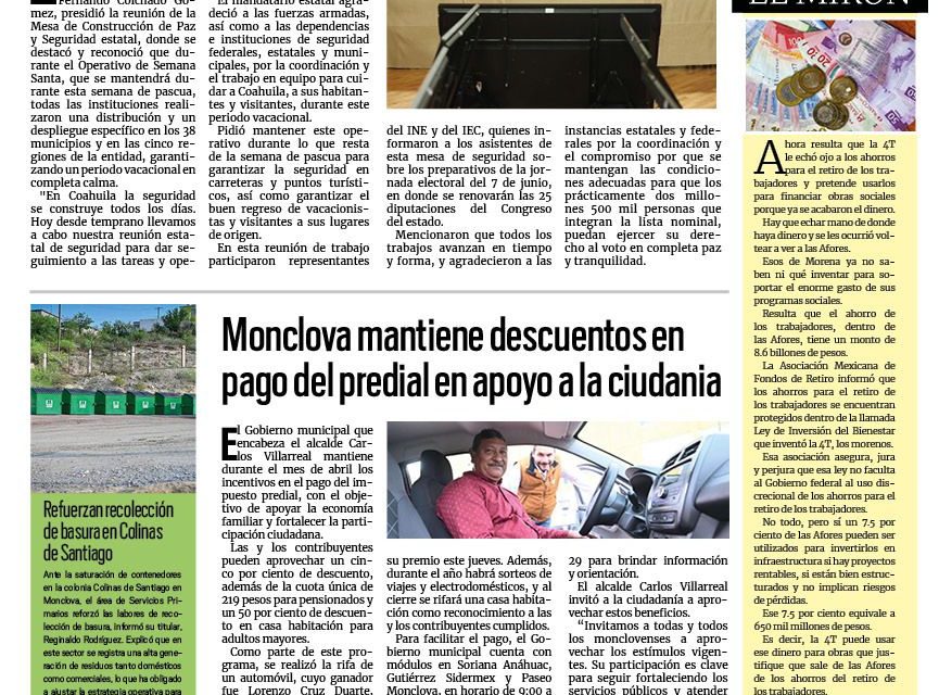 Portada RCG Centro [10 de abril de 2026] Manolo Jiménez refuerza la seguridad de Coahuila con coordinación; Monclova mantiene descuentos en pago del predial y más noticias…