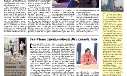 Portada RCG Centro [11 de abril de 2026] En Coahuila fabricamos las mejores camionetas del mundo: Manolo; Carlos Villarreal presenta plan de obras 2026 por más de 71 mdp y más noticias…