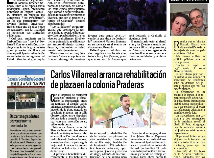 Portada RCG Centro [18 de abril de 2026] Concluye con éxito el programa de liderazgo juvenil ‘300 Pa´delante’; Carlos Villarreal arranca rehabilitación de plaza en la colonia Praderas y más noticias…