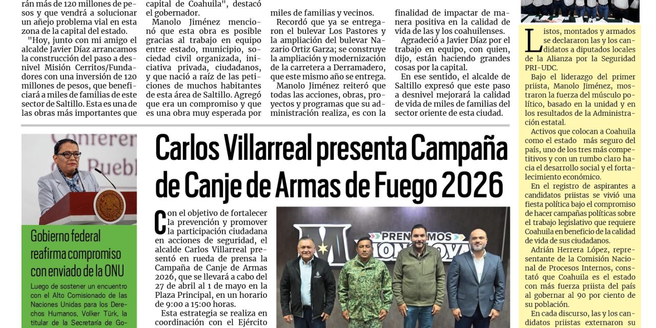 Portada RCG Centro [21 de abril de 2026] Seguimos arrancando grandes obras de infraestructura: Manolo Jiménez; Carlos Villarreal presenta Campaña de Canje de Armas de Fuego 2026 y más…