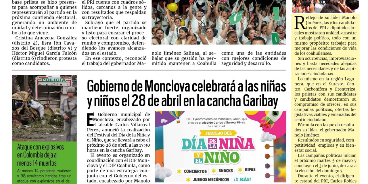 Portada RCG Centro [26 de abril de 2026] ‘Sigamos construyendo la grandeza de Coahuila desde el Congreso’; Despiden a estudiante de 14 años que falleció por un tumor cerebral y más…