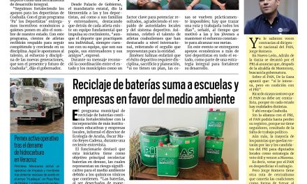 Portada RCG Fronteriza [15 de abril de 2026] Manolo Jiménez inicia el programa ‘Pa´los Deportistas 2026’; reciclaje de baterías suma a escuelas y empresas en favor del medio ambiente y más noticias…