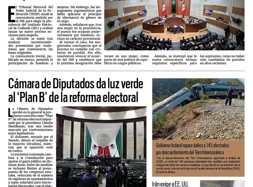 Portada RCG Nacional e Internacional [9 de abril de 2026] TEPJF ordena que presidencia del IEC sea ocupado por una mujer; Cámara de Diputados da luz verde al ‘Plan B’ de la reforma electoral y más noticias…