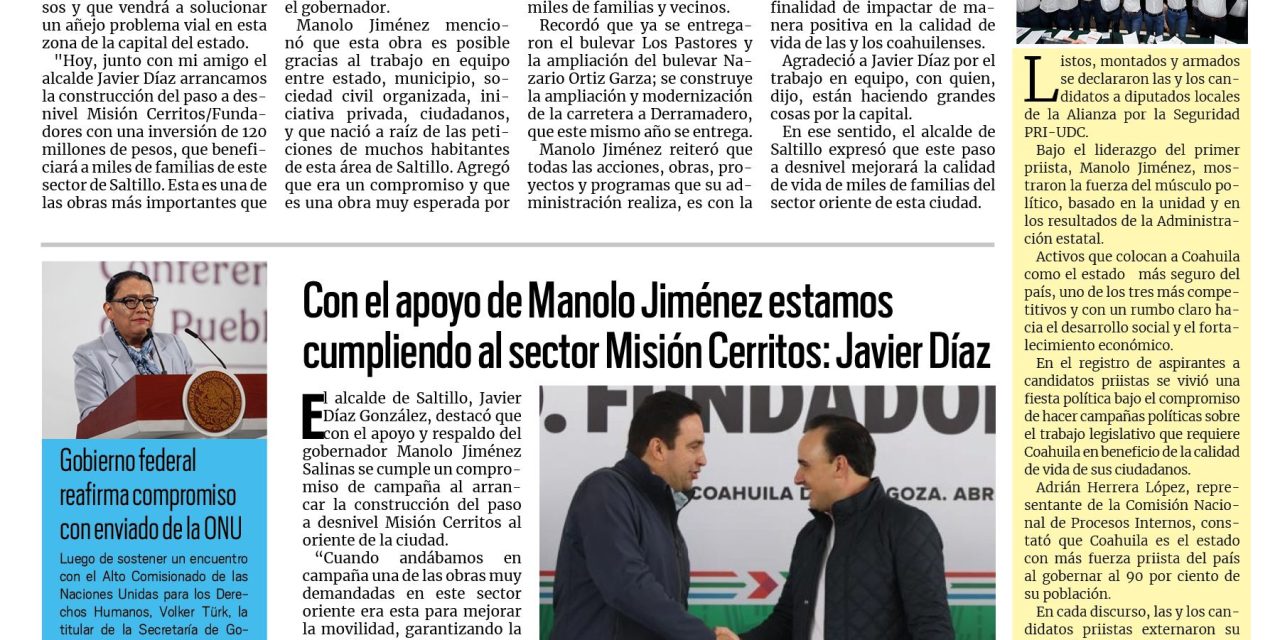 Portada RCG Media [21 de abril de 2026] Seguimos arrancando grandes obras de infraestructura: Manolo Jiménez; con el apoyo de Manolo Jiménez estamos cumpliendo al sector Misión Cerritos: Javier Díaz y más…