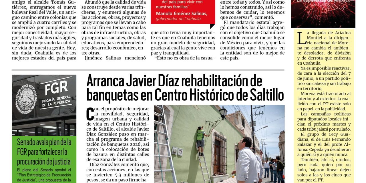 Portada RCG Media [29 de abril de 2026] Se sigue mejorando la movilidad y la conectividad en todas las regiones; Arranca Javier Díaz rehabilitación de banquetas en Centro Histórico y más…