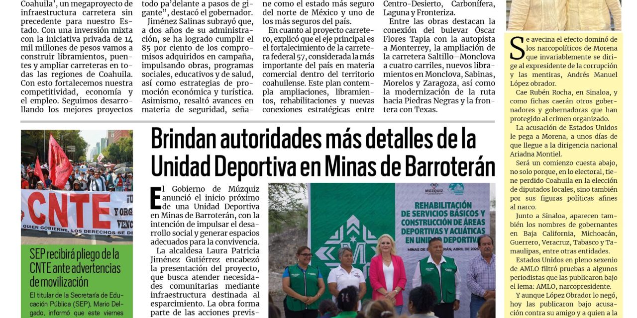Portada RCG Carbonífera [1 de mayo de 2026] Proyecta gobernador Mega Obras en todas las regiones de Coahuila; brindan detalles de la Unidad Deportiva en Minas de Barroterán y más…