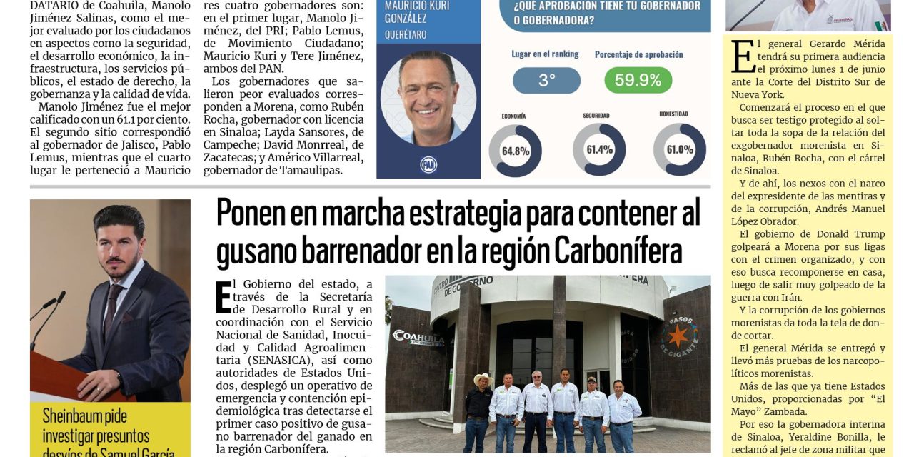 Portada RCG Carbonífera [20 de mayo de 2026] Manolo Jiménez es el gobernador mejor aprobado del país; ponen en marcha estrategia para contener al gusano barrenador en la región y más…