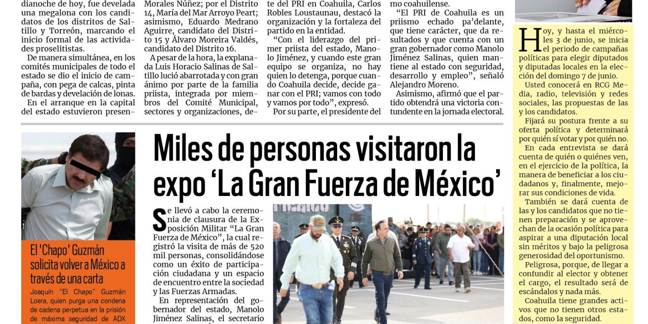 Portada RCG Centro [5 de mayo de 2026] Vamos a arrasar este 7 de junio: PRI; miles de personas visitaron la exposición ‘La Gran Fuerza de México’ y más…