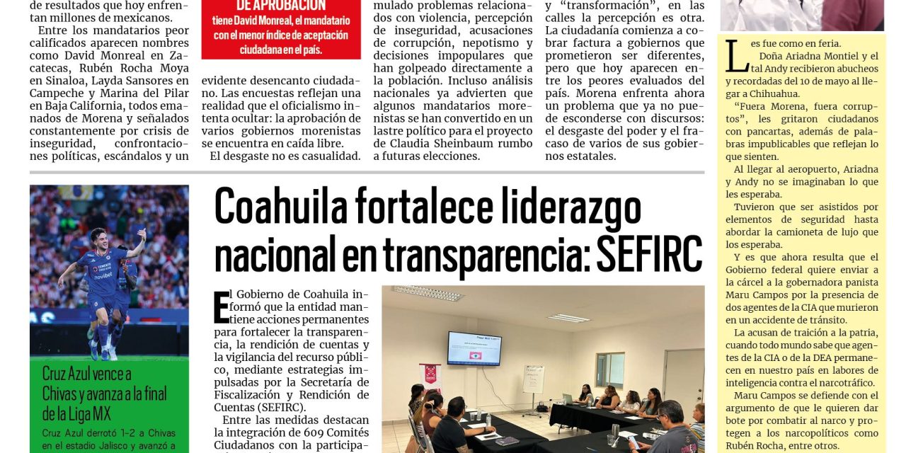 Portada RCG Centro [17 de mayo de 2026] Encuesta revela que los peores gobernadores son de Morena; Inversiones detonarán 5 mil nuevos empleos en la región: Canacintra y más…
