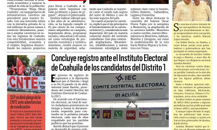 Portada RCG Fronteriza [1 de mayo de 2026] Proyecta gobernador Mega Obras en todas las regiones de Coahuila; concluye registro de candidatos ante el IEC en el Distrito 1 y más…