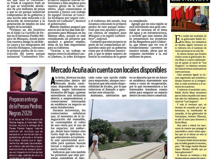 Portada RCG Fronteriza [ 2 de mayo de 2026] Concretamos inversión histórica para la región Carbonífera: Manolo; mercado Acuña aún cuenta con locales disponibles y más…
