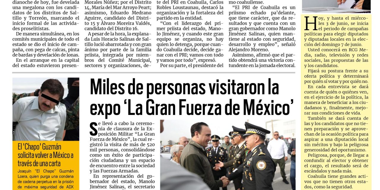 Portada RCG Fronteriza [5 de mayo de 2026] Vamos a arrasar este 7 de junio: PRI; miles de personas visitaron la exposición ‘La Gran Fuerza de México’ y más…