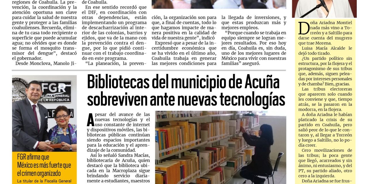 Portada RCG Fronteriza [8 de mayo de 2026] Fortalecemos acciones para la prevención del dengue: Manolo; bibliotecas de Acuña sobreviven ante nuevas tecnologías y más…
