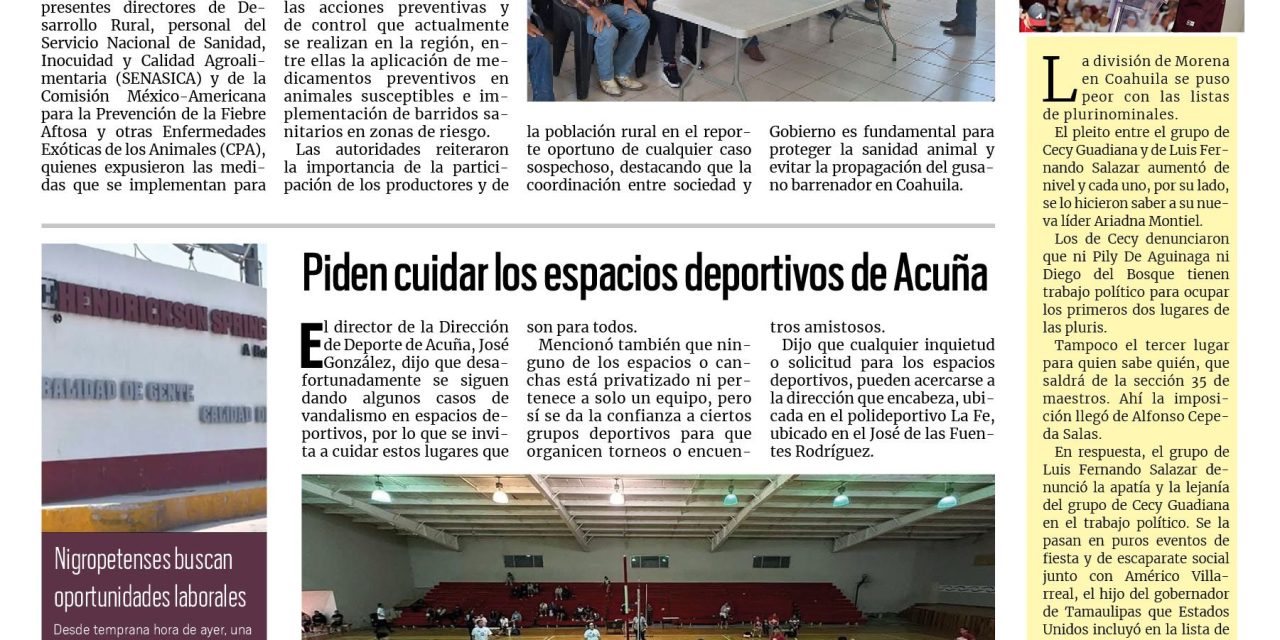Portada RCG Fronteriza [9 de mayo de 2026] Coahuila refuerza medidas sanitarias para proteger al ganado; piden cuidar los espacios deportivos de Acuña y más…
