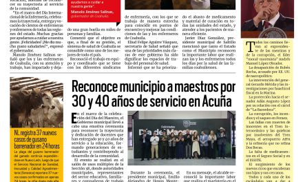 Portada RCG Fronteriza [21 de mayo de 2026] Manolo Jiménez reconoce la labor de los enfermeros de Coahuila; reconoce municipio a maestros por 30 y 40 años de servicio en Acuña y más…