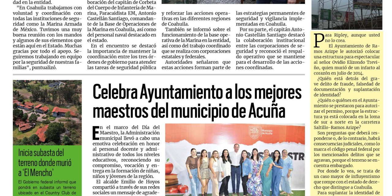 Portada RCG Fronteriza [25 de mayo de 2026] Blindamos las fronteras de Coahuila: Manolo Jiménez Salinas; celebra Ayuntamiento a los mejores maestros de Acuña y más…