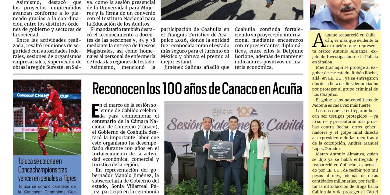 Portada RCG Fronteriza [31 de mayo de 2026] En Coahuila el trabajo mata grilla: Manolo; Power Ministries impulsa clínica comunitaria en Acuña y más…