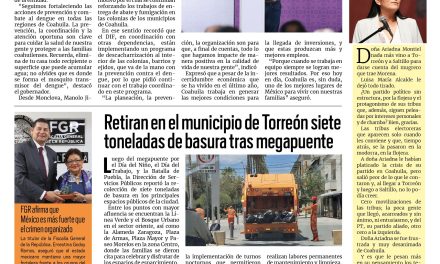 Portada RCG Lagunera [8 de mayo de 2026] Fortalecemos acciones para la prevención del dengue: Manolo; retiran en Torreón siete toneladas de basura tras megapuente y más…
