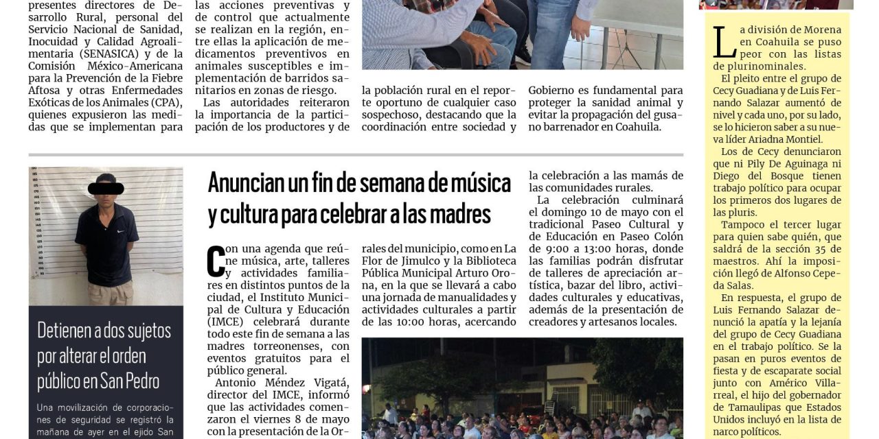 Portada RCG Lagunera [9 de mayo de 2026] Coahuila refuerza medidas sanitarias para proteger al ganado; anuncian un fin de semana de música y cultura para celebrar a las madres y más…