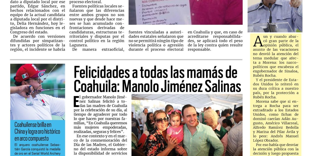 Portada RCG Lagunera [10 de mayo de 2026] Felicidades a todas las mamás de Coahuila: Manolo; Moviliza PRI a miles en cruceros en la Laguna y más…