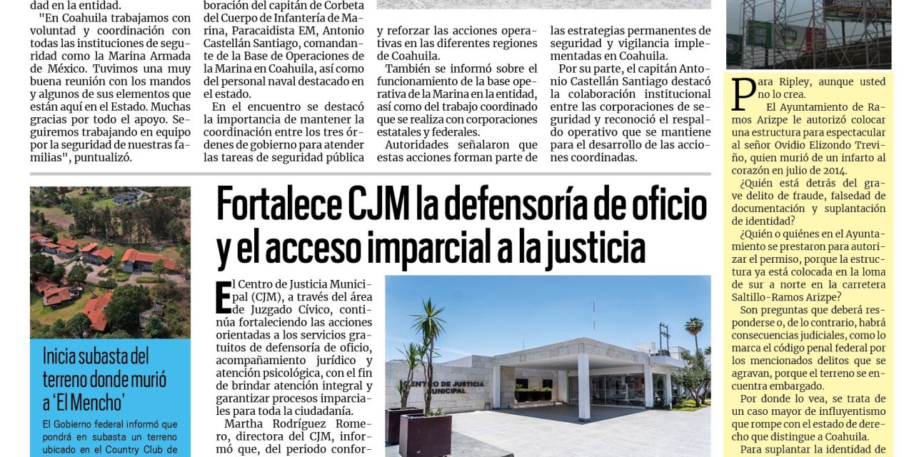Portada RCG Lagunera [25 de mayo de 2026] Blindamos las fronteras de Coahuila: Manolo Jiménez Salinas; fortalece CJM la defensoría de oficio y el acceso imparcial a la justicia y más…