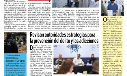 Portada RCG Lagunera [28 de mayo de 2026] Supervisa Manolo Jiménez trabajos de construcción de la Expo Coahuila; revisan estrategias conjuntas para el fortalecimiento de la prevención del delito y las adicciones y más…