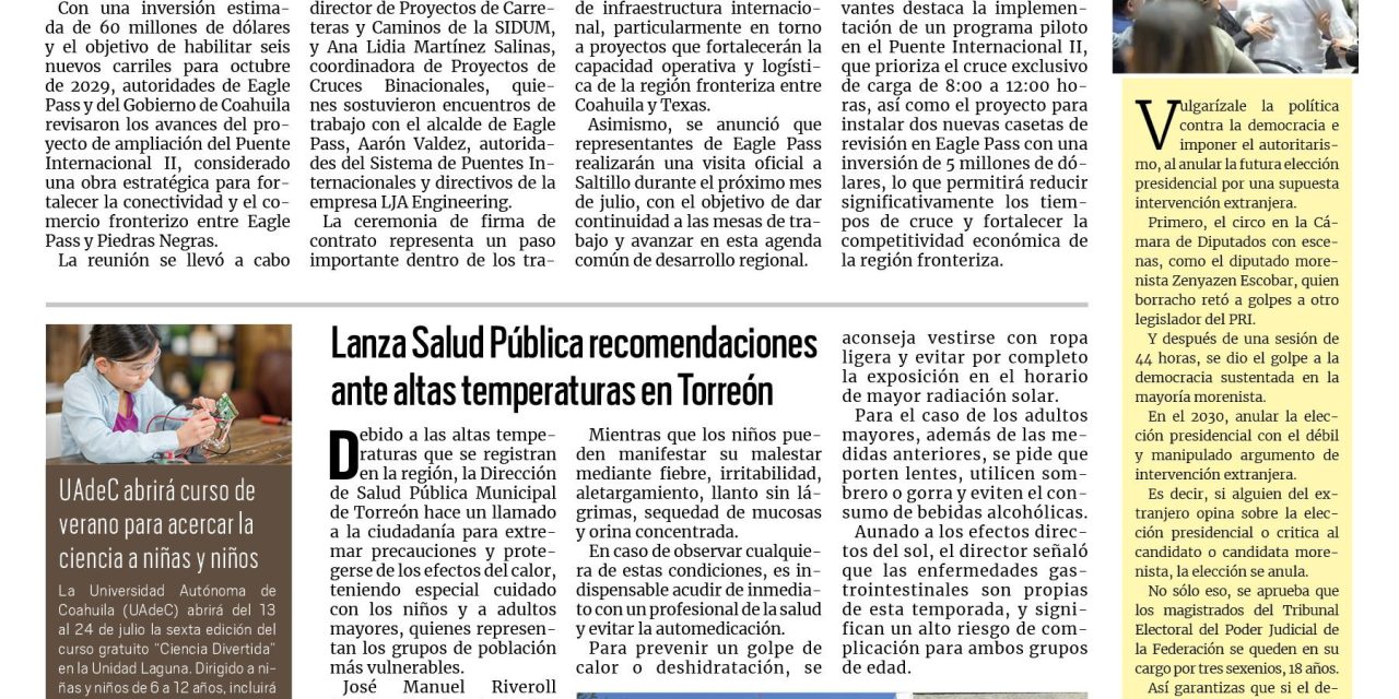 Portada RCG Lagunera [30 de mayo de 2026] Coahuila fortalece alianza binacional con Eagle Pass; Violencia familiar en Torreón disminuye 21% y más…