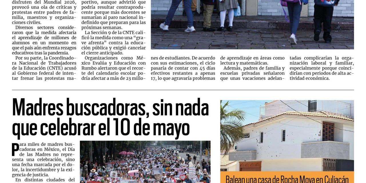 Portada RCG Nacional e Internacional [10 de mayo de 2026] Aumentan protestas contra la SEP por supervacaciones; Madres buscadoras, sin nada que celebrar el 10 de mayo y más…