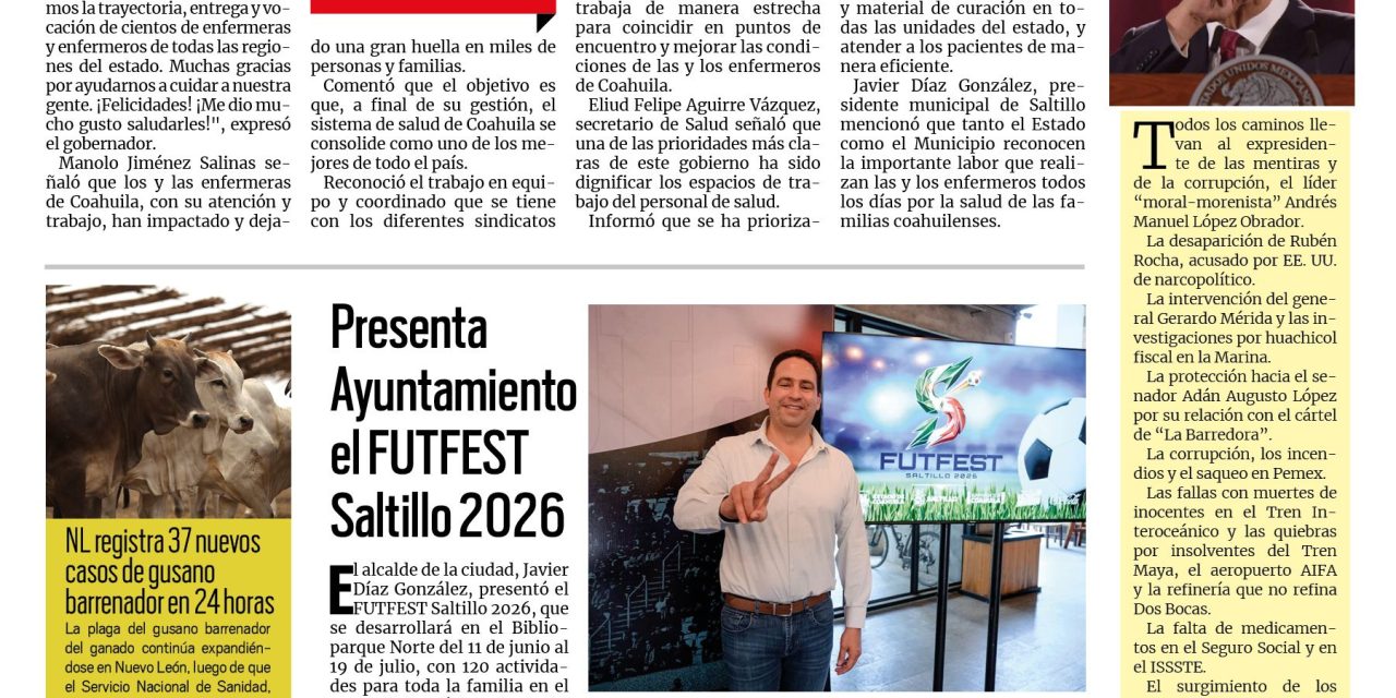 Portada RCG Media [21 de mayo de 2026] Manolo Jiménez reconoce la labor de los enfermeros de Coahuila; Presenta Ayuntamiento el FUTFEST Saltillo 2026 y más…