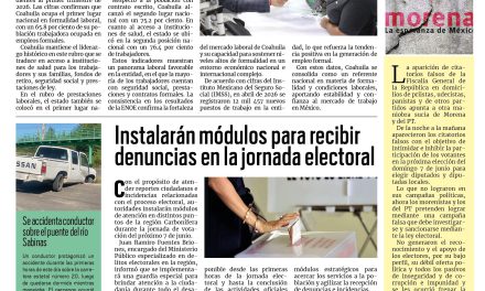 Portada RCG Carbonífera [1 de junio de 2026] Coahuila, primer lugar nacional en formalidad laboral: INEGI; Instalarán módulos para recibir denuncias en la jornada electoral y más…