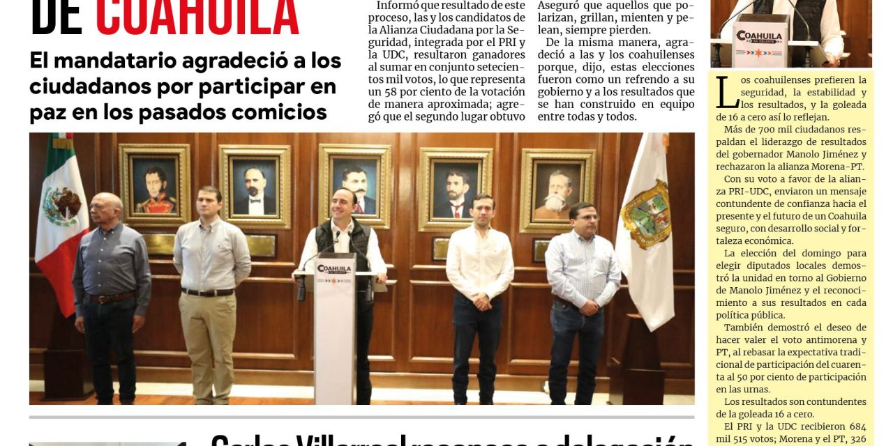 Portada RCG Centro [9 de junio de 2026] Llama Manolo Jiménez a la unidad para consolidar la grandeza de Coahuila; Carlos Villarreal reconoce a delegación de adultos mayores de Monclova y más…