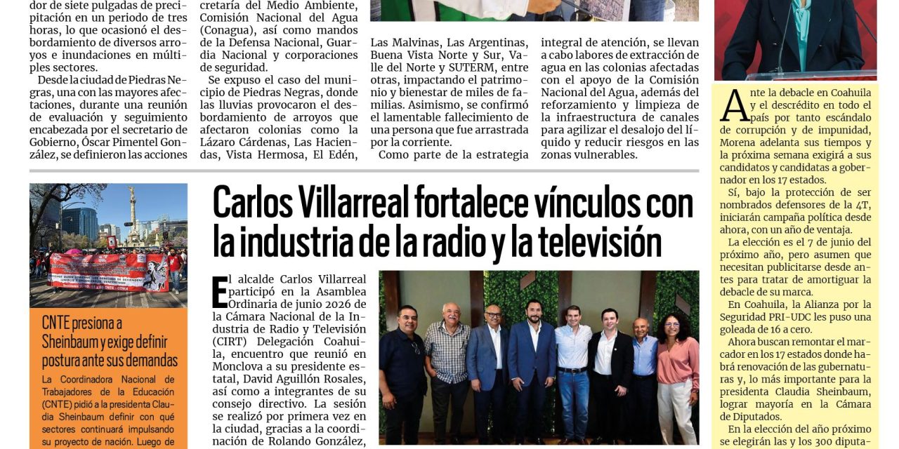 Portada RCG Centro [17 de junio de 2026] Tres órdenes de gobierno atienden contingencia por las lluvias; Carlos Villarreal fortalece vínculos con la industria de la radio y la televisión y más…
