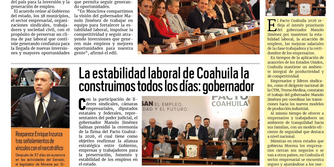 Portada RCG Centro [26 de junio de 2026] Manolo Jiménez y Carlos Villarreal impulsan empleo con Pacto Coahuila 2026; la estabilidad laboral de Coahuila la construimos todos los días: Manolo Jiménez y más…