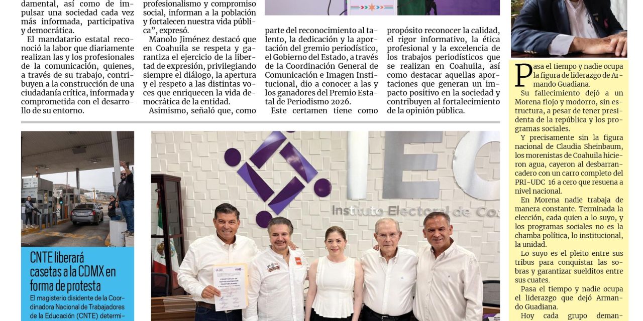 Portada RCG Fronteriza [15 de junio de 2026] En Coahuila se garantiza el ejercicio de la libertad de expresión; Ángeles Verdes están dispuestos a atender al turismo nacional e internacional y más…