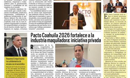 Portada RCG Fronteriza [26 de junio de 2026] La estabilidad laboral de Coahuila la construimos todos los días: Manolo Jiménez; Pacto Coahuila 2026 fortalece a la industria maquiladora y más…