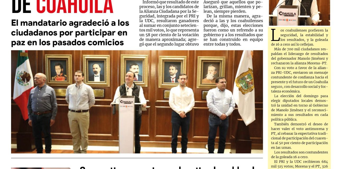 Portada RCG Lagunera [9 de junio de 2026] Llama Manolo Jiménez a la unidad para consolidar la grandeza de Coahuila; se mantienen acciones de retiro de cableado en desuso, reportan 65 % de avance y más…