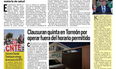 Portada RCG Lagunera [23 de junio de 2026] Manolo Jiménez entrega ambulancias a seis municipios del estado; clausuran quinta por operar fuera del horario permitido y más…