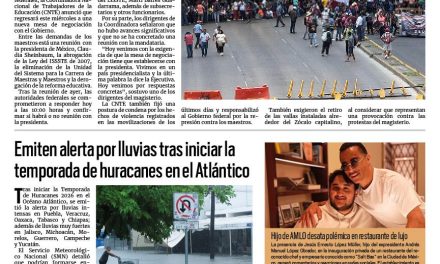 Portada RCG Nacional e Internacional [3 de junio de 2026] CNTE y Gobierno federal no logran acuerdo; maestros piden diálogo con Claudia Sheinbaum; Emiten alerta por lluvias tras iniciar temporada de huracanes en el Atlántico…